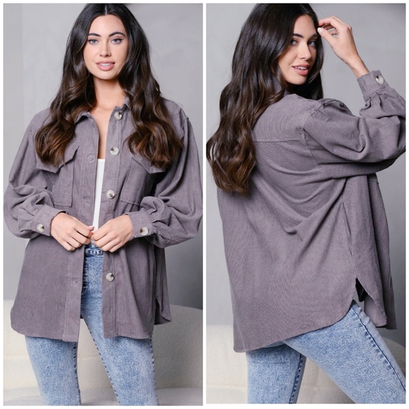 PEACH LOVE CALIFORNIA On Trend Oversized Gray Corduroy Shacket - Picture 1 of 5